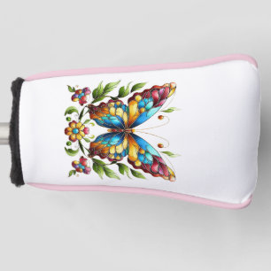 Colourful stained glass butterfly with flowers golf head cover