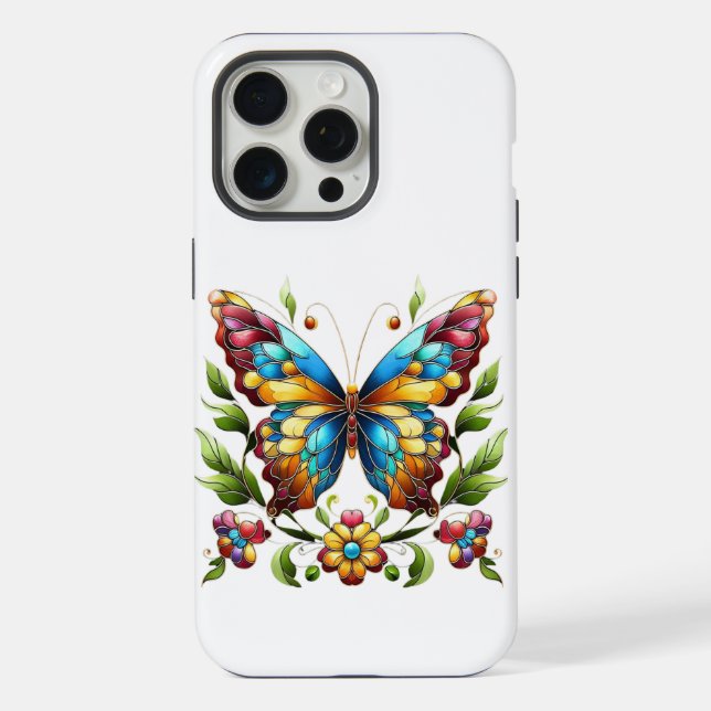 Colourful stained glass butterfly with flowers iPhone case (Back)