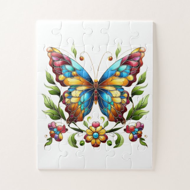 Colourful stained glass butterfly with flowers jigsaw puzzle (Vertical)