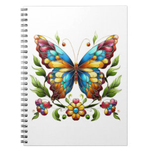 Colourful stained glass butterfly with flowers notebook