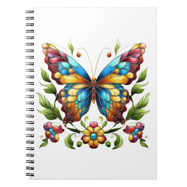 Colourful stained glass butterfly with flowers notebook (Front)