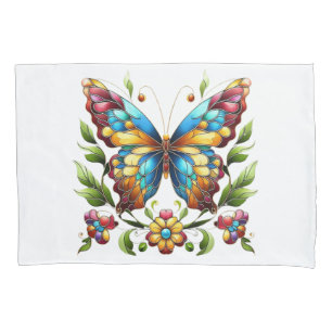 Colourful stained glass butterfly with flowers pillowcase