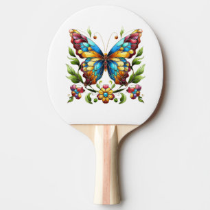 Colourful stained glass butterfly with flowers ping pong paddle