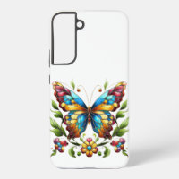 Colourful stained glass butterfly with flowers