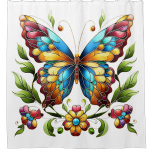 Colourful stained glass butterfly with flowers shower curtain