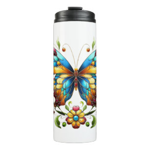Colourful stained glass butterfly with flowers thermal tumbler