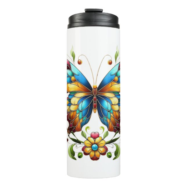 Colourful stained glass butterfly with flowers thermal tumbler (Front)