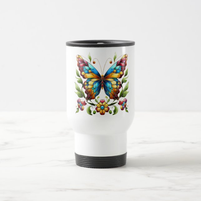 Colourful stained glass butterfly with flowers travel mug (Center)