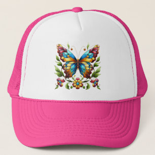 Colourful stained glass butterfly with flowers trucker hat