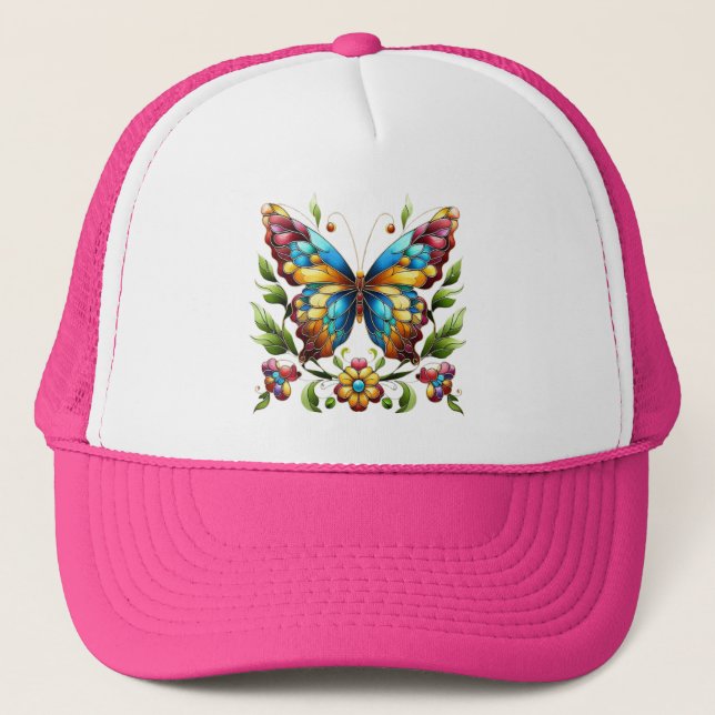 Colourful stained glass butterfly with flowers trucker hat (Front)