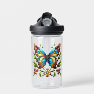 Colourful stained glass butterfly with flowers water bottle