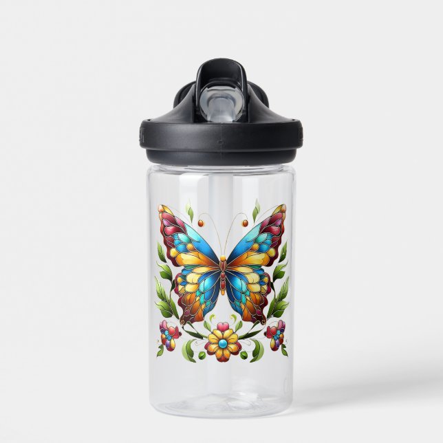 Colourful stained glass butterfly with flowers water bottle (Front)
