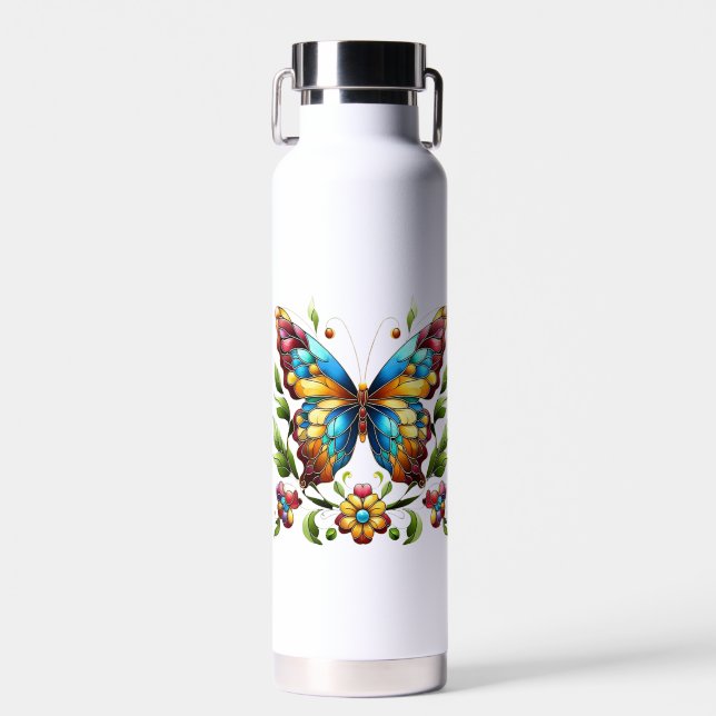 Colourful stained glass butterfly with flowers water bottle (Front)