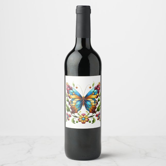 Colourful stained glass butterfly with flowers wine label (Front)