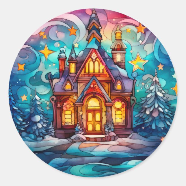 Colourful Stained Glass Christmas Tree and House Classic Round Sticker (Front)