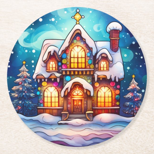 Colourful Stained Glass Christmas Tree and House Round Paper Coaster (Front)