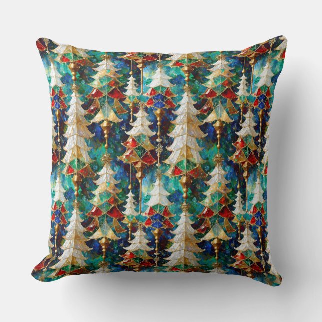 Colourful Stained Glass Christmas Trees Cushion (Front)