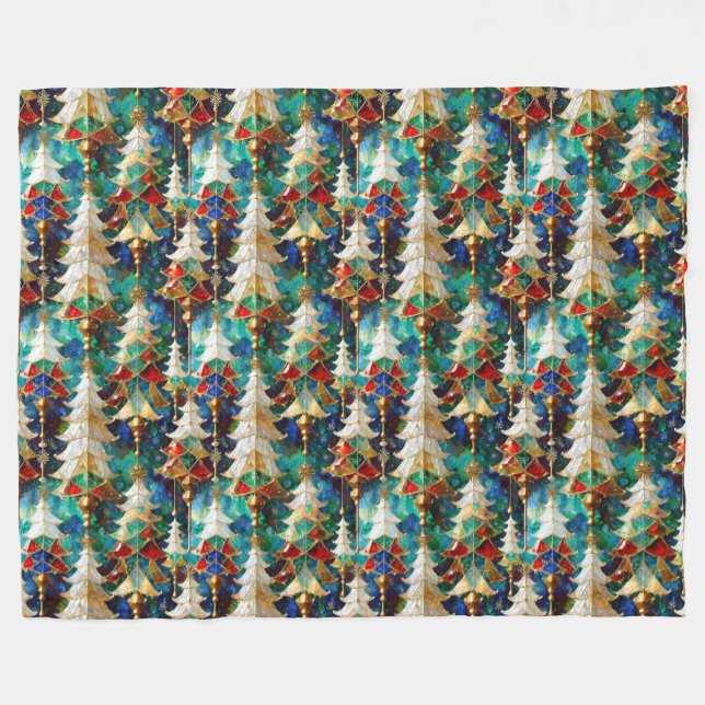 Colourful Stained Glass Christmas Trees Fleece Blanket (Front (Horizontal))