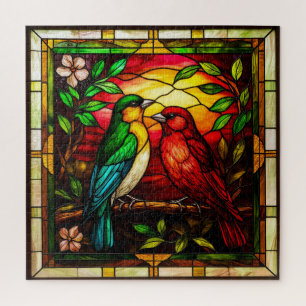 Colourful Stained Glass Depicting Two Birds Jigsaw Puzzle