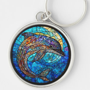 Colourful Stained Glass Dolphin Design Key Ring
