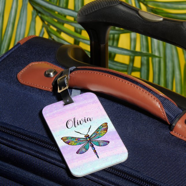 Colourful Stained Glass Dragonfly Wings Luggage Tag (Front Insitu 1)