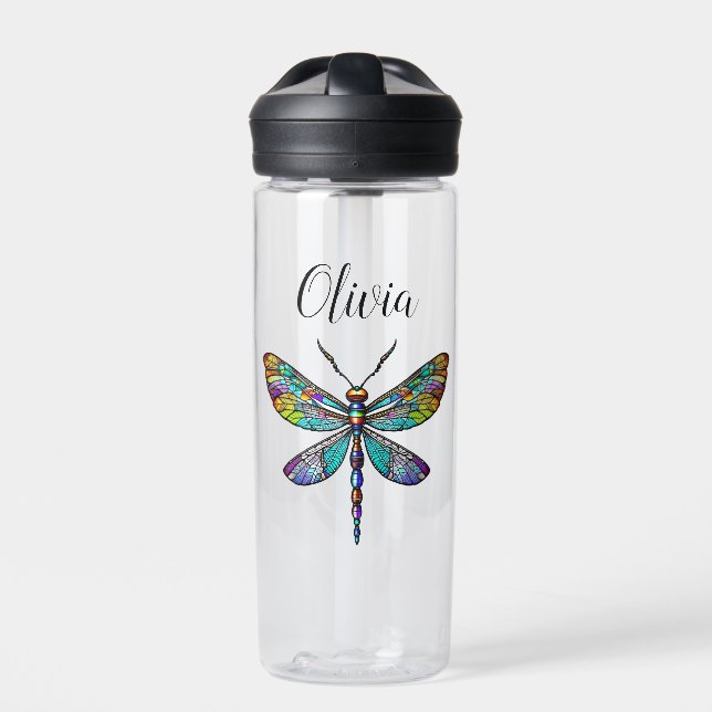 Colourful Stained Glass Dragonfly Wings Water Bottle (Front)