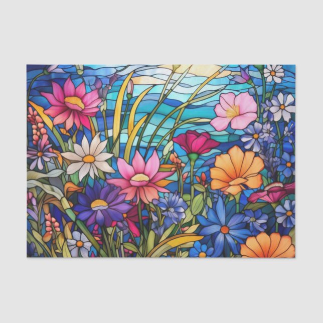 Colourful Stained Glass Effect Flowers Decoupage Tissue Paper (Front)