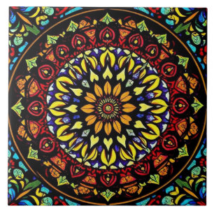 Colourful Stained Glass Floral Mandala Artwork Tile