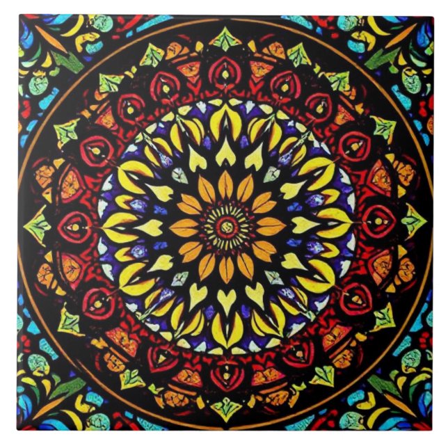 Colourful Stained Glass Floral Mandala Artwork Tile (Front)