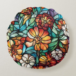 Colourful Stained Glass Floral Round Cushion
