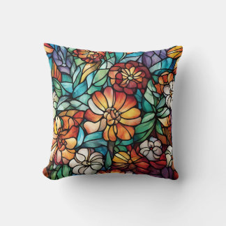 Colourful Stained Glass Floral Throw Pillow