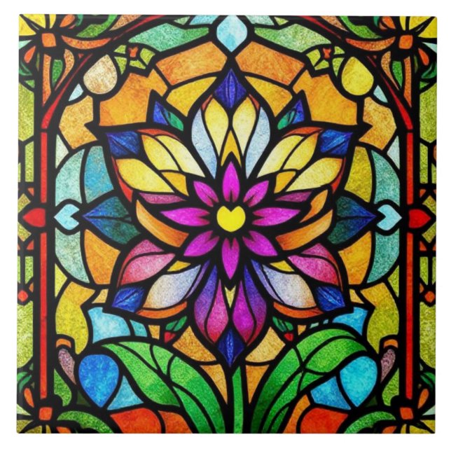 Colourful Stained Glass Flower Natured Inspired Tile (Front)