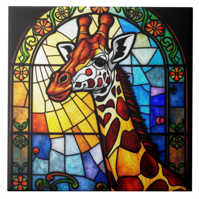 Colourful Stained Glass Giraffe Animal Artwork Tile (Front)
