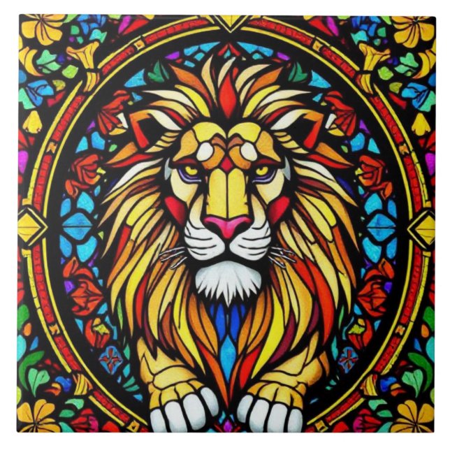 Colourful Stained Glass Lion Animal Inspired Tile (Front)