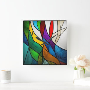 Colourful Stained Glass Mosaic Abstraction Square Wall Clock