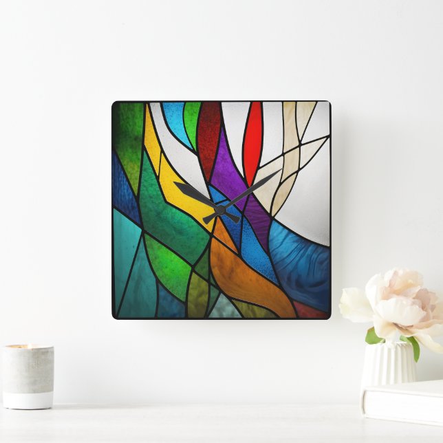 Colourful Stained Glass Mosaic Abstraction Square Wall Clock (Home)
