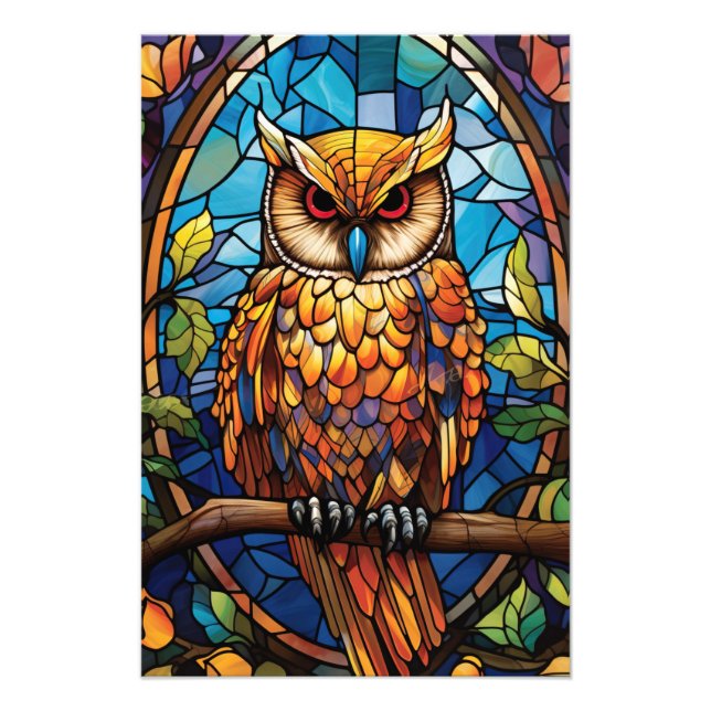 Colourful Stained Glass Owl Illustration Photo Print (Front)