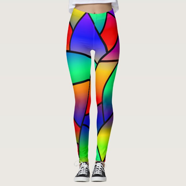Colourful Stained Glass Red, Blue, Purple, Yellow Leggings (Front)