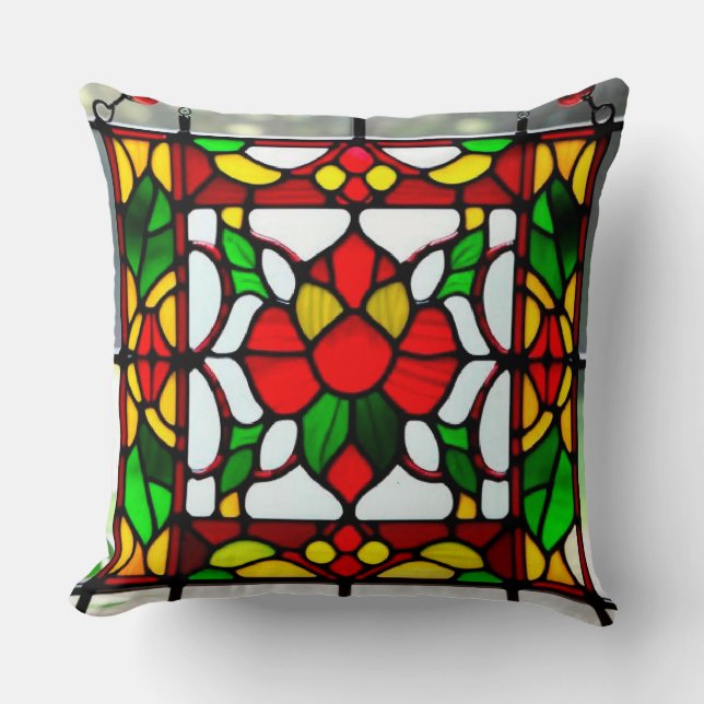 Colourful Stained Glass Red Flower Cushion (Front)