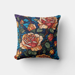Colourful Stained Glass Roses Botanical  Cushion