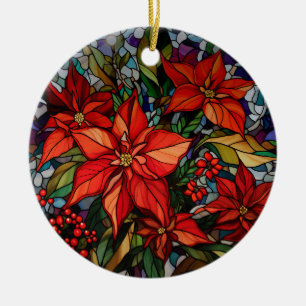 Colourful Stained Glass Style Poinsettias & Holly Ceramic Tree Decoration