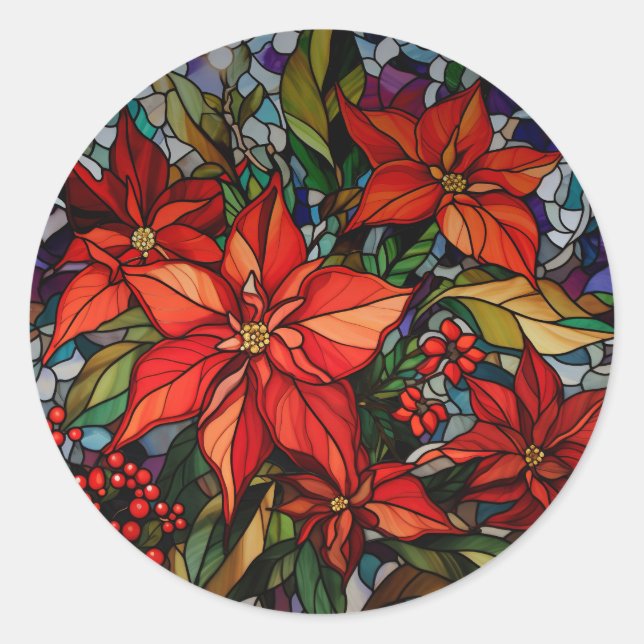 Colourful Stained Glass Style Poinsettias & Holly Classic Round Sticker (Front)