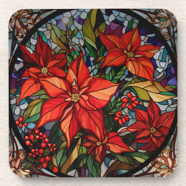 Colourful Stained Glass Style Poinsettias & Holly Coaster (Front)