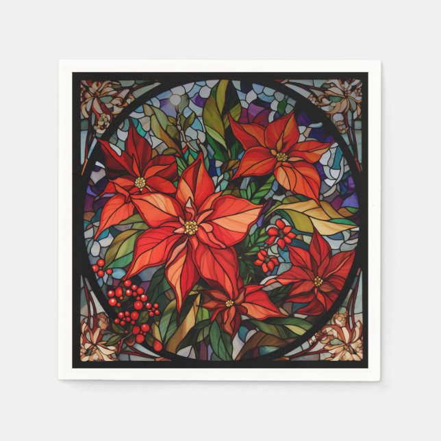 Colourful Stained Glass Style Poinsettias & Holly Napkin (Front)