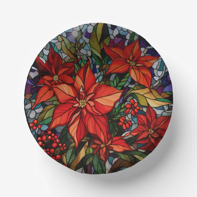 Colourful Stained Glass Style Poinsettias & Holly Paper Plate (Front)