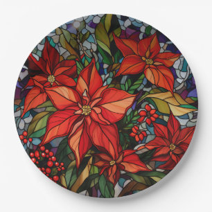 Colourful Stained Glass Style Poinsettias & Holly Paper Plate