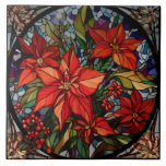 Colourful Stained Glass Style Poinsettias & Holly Tile<br><div class="desc">Lush colourful jewel-toned stained glass style deep red poinsettias and holly with hunter green and gold foliage and circular black border.</div>