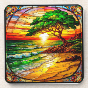 Colourful Stained Glass Sunset Over Beach Coaster