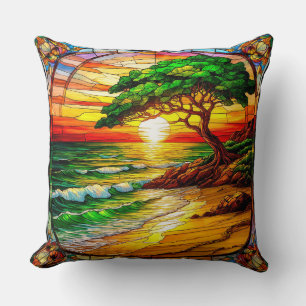 Colourful Stained Glass Sunset Over Beach Cushion