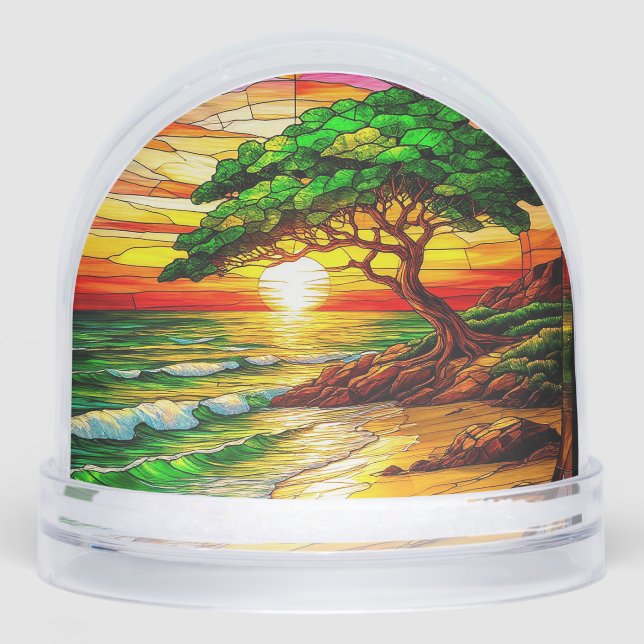 Colourful Stained Glass Sunset Over Beach Snowglobe (Front)